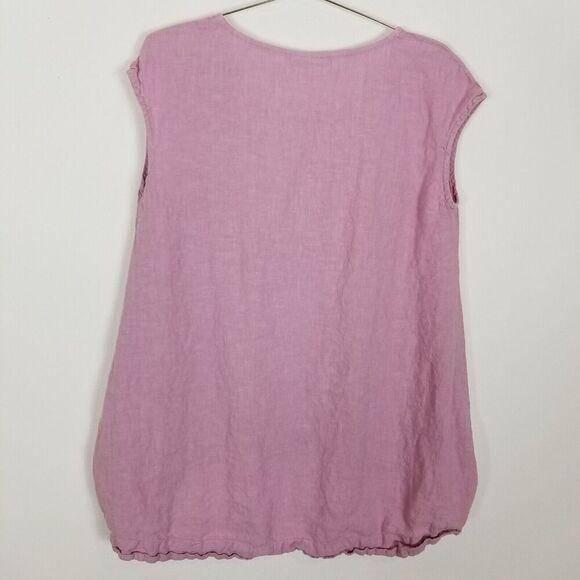 Bryan Walker Women 100% Linen Blouse Top Sz L Pink Short Cap Sleeve  Hi Low - Picture 2 of 4